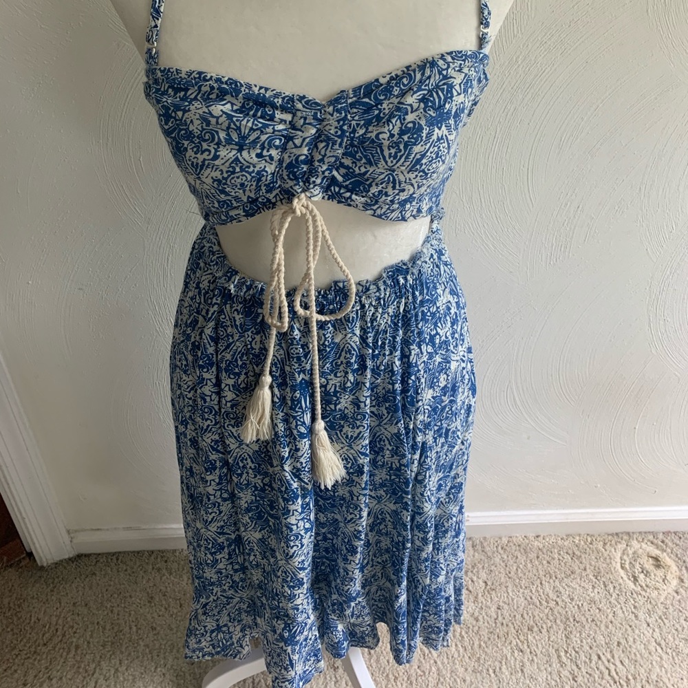 Blue and white print dress